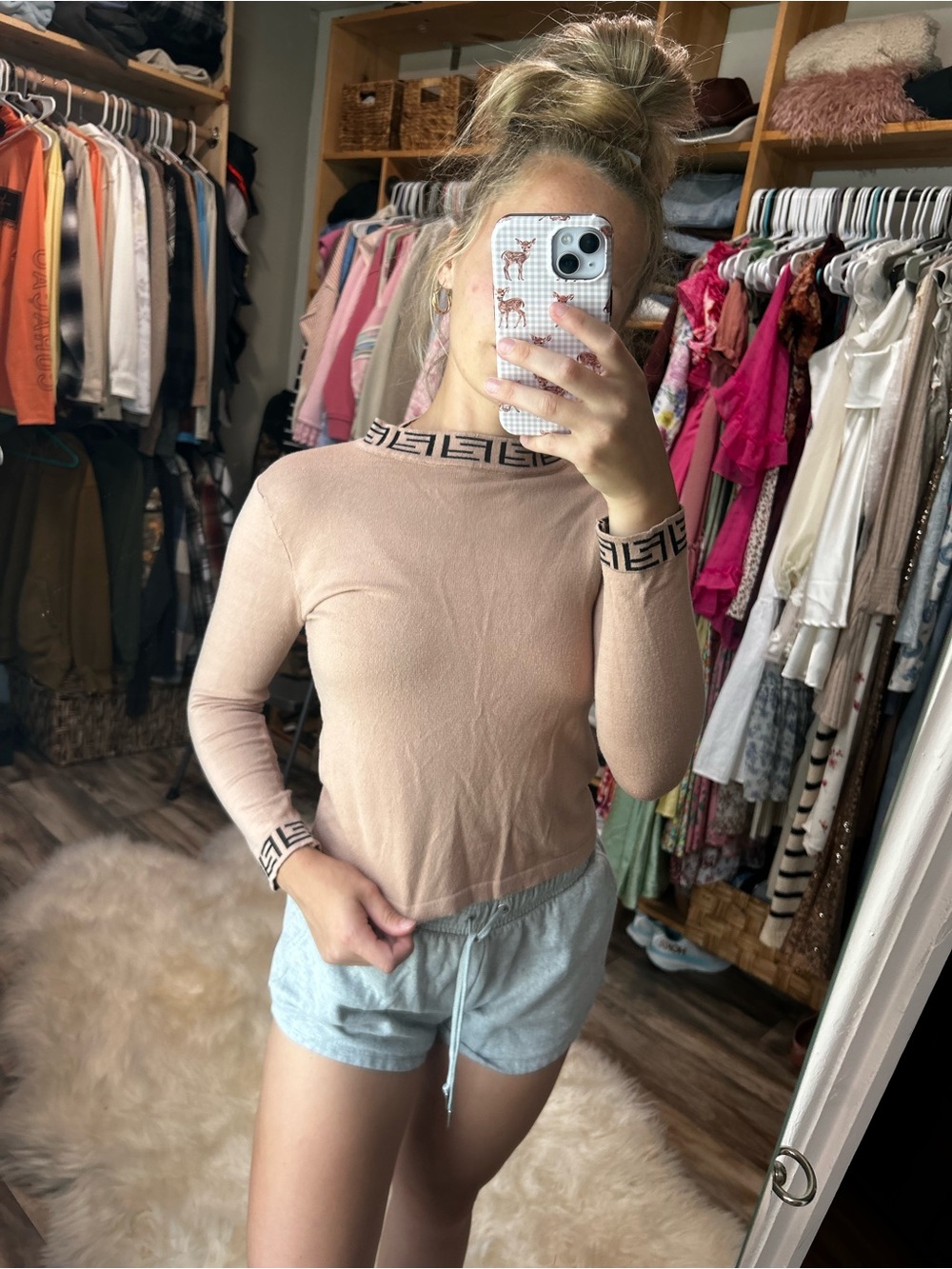 Fendi Tan Logo Trim Long Sleeve Top